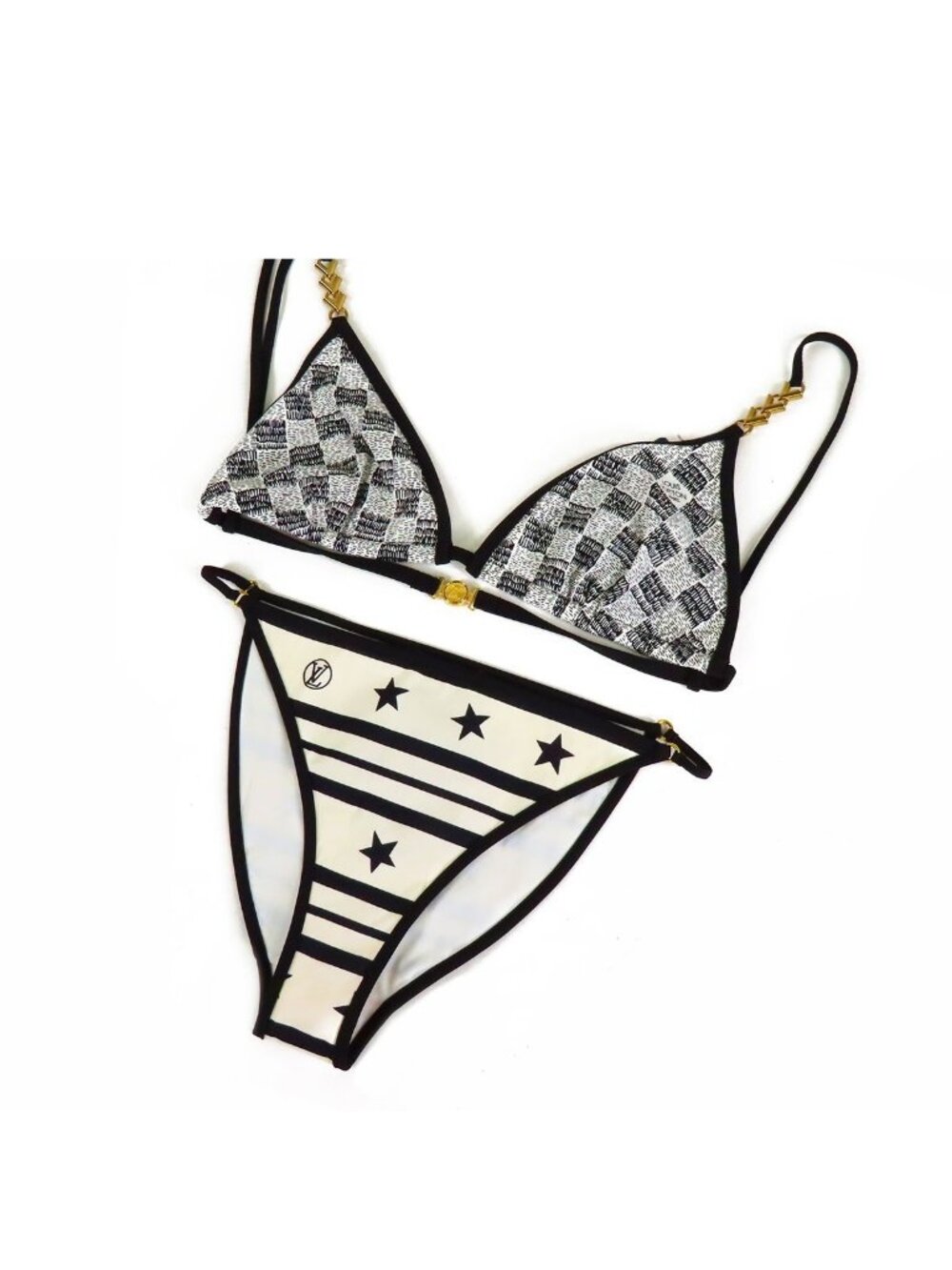 Louis Vuitton Swimwear Swimsuit Bikini Black White Nylon Damier Border Star